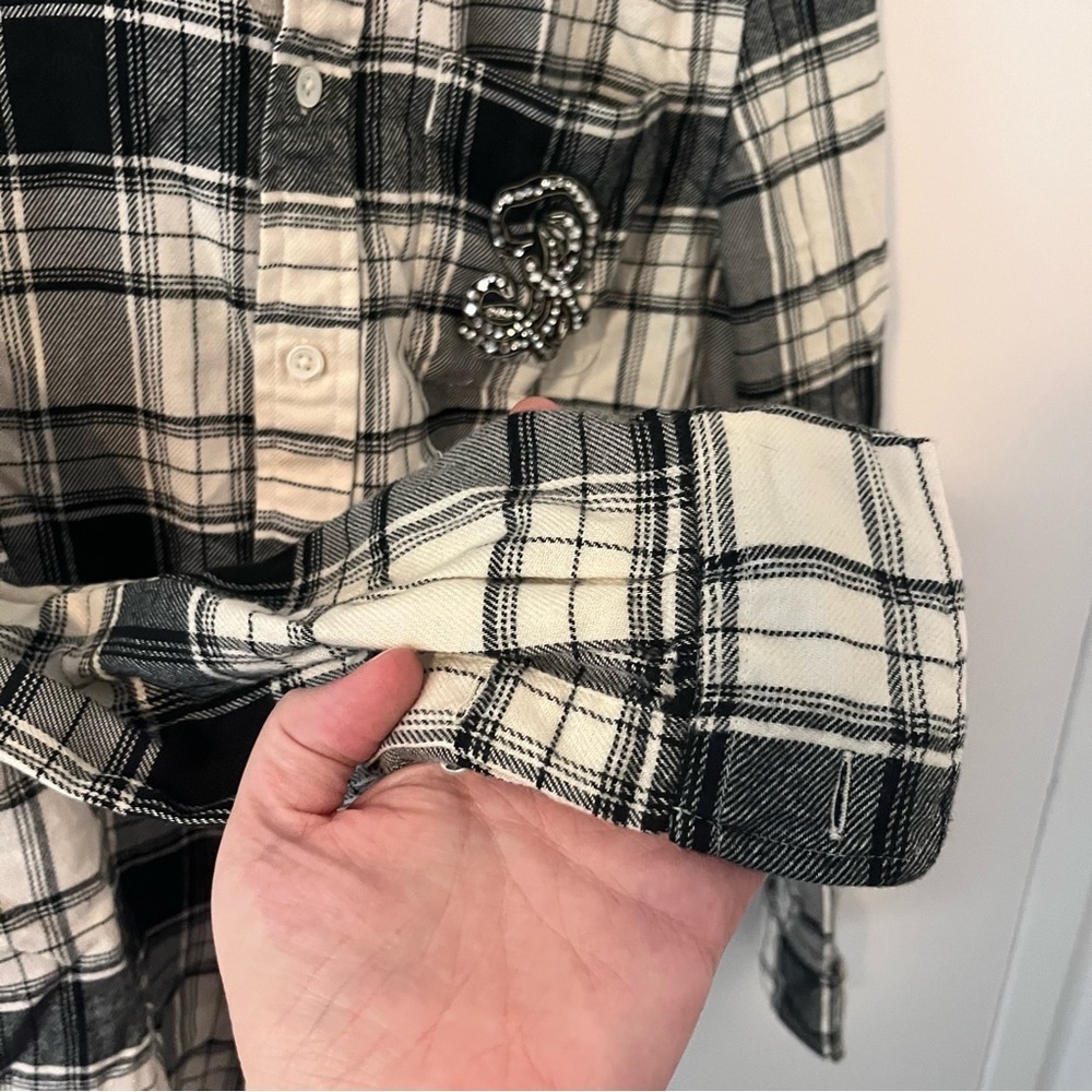 Polo Ralph Lauren Plaid Flannel Button Down Top Rhinestone Crest Black White XS - Picture 7 of 15